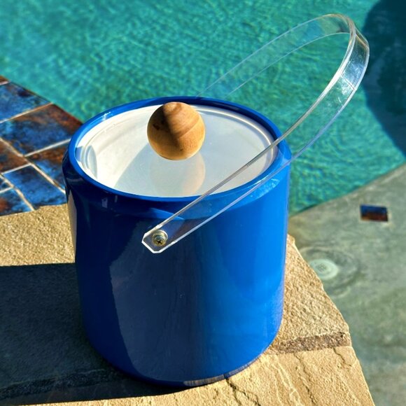 Vintage MCM Morgan Bucket Brigade Ice Bucket Royal Blue Wooden Knob Man Cave Bar - Picture 4 of 9
